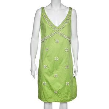 Pre Owned Moschino Cheap & Chic Green Cotton Shell Appliqué Sleeveless Dress L