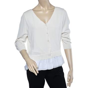 Pre Owned Boutique Moschino Cream Knit Ruffle Trim Button Front Cardigan M