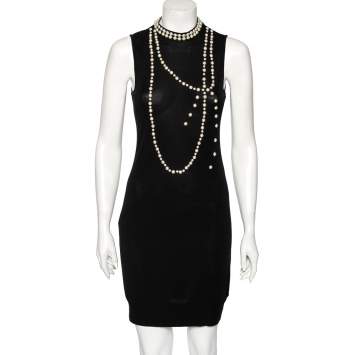 مملوكة مسبقًا Moschino Black Silk Pearl Embellished Sleeveless Dress M