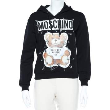 Pre Owned Moschino Couture Black Printed Cotton Knit Hoodie XS