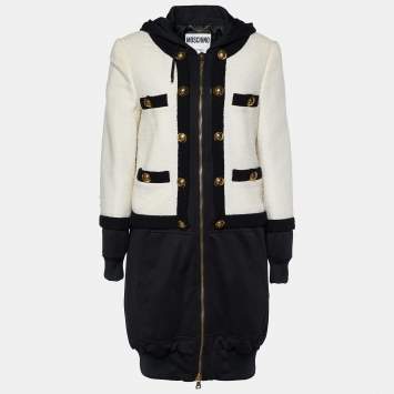 Pre Owned Moschino Couture Monochrome Tweed & Rib Knit Faux Jacket Hoodie Dress L