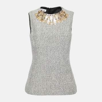 Pre Owned Moschino Monochrome Wool Key Embellished Neck Sleeveless Top M