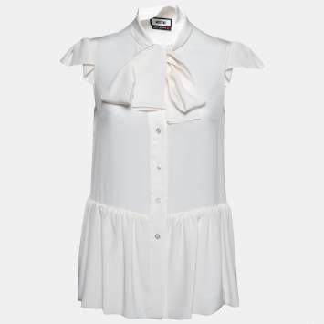 Pre Owned Moschino Cream Silk Neck Tie Detail Ruffle Trim Sleeveless Shirt S