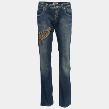 Pre Owned Moschino Jeans Navy Blue Embroidered Denim Distressed Jeans L