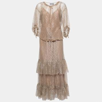 Pre Owned Moschino Beige Lace Skirt Top Set M