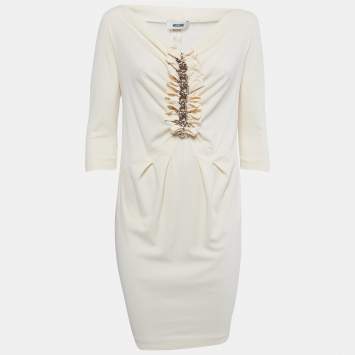 Pre Owned Moschino Vintage Cream Jersey Ruffled Chain Detail Midi Dress M 