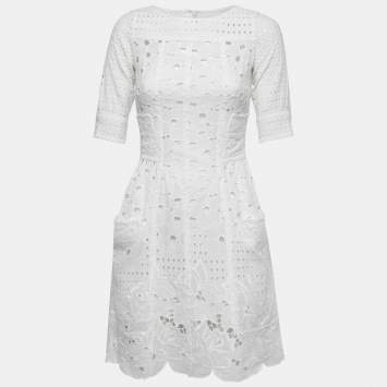 Pre Owned Moschino White Eyelet Cotton Flared Mini Dress S