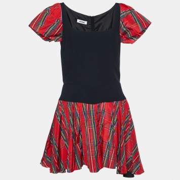 Pre Owned Moschino Black Crepe & Red Plaid Polyester Skirt Detail Mini Dress M
