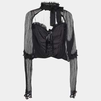 Pre Owned Moschino Black Silk Corset & Chiffon Overlay Detail Top L