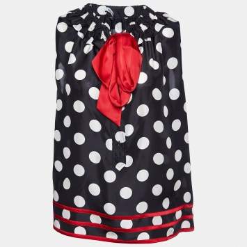 Pre Owned Moschino Black Polka Dot Printed Silk Neck Tie Detail Top L