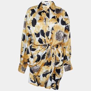 Pre Owned Moschino Yellow Printed Silk Lame Drape Detail Mini Dress L