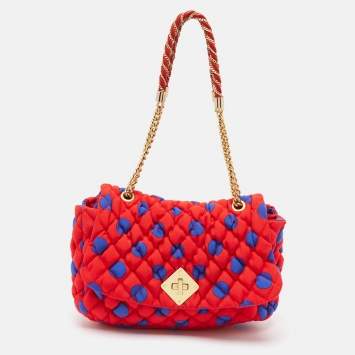 Pre Owned Moschino Red/Blue Quilted Nylon Polka Flap Shoulder Bag