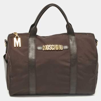 Pre Owned Moschino Dark Brown Nylon Logo Boston Bag