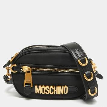 Pre Owned Moschino Black Leather and Nylon Classic Logo Camera Crossbody Bag