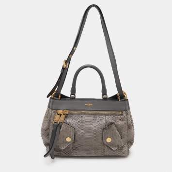Pre Owned Moschino Grey Python Embossed Leather Biker Satchel