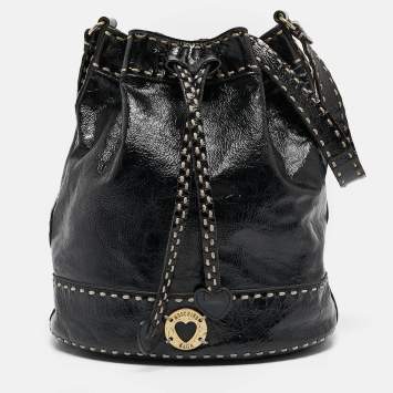 Pre Owned Moschino Black Wild Stitch Patent Leather Drawstring Bucket Bag