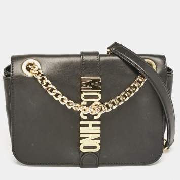 Pre Owned Moschino Black Leather Classic Logo Flap Chain Bag