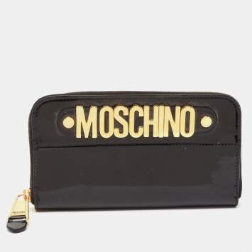 Moschino Black Patent Leather Logo Classic Continental Wallet