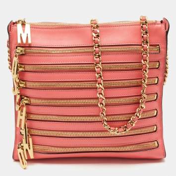 Pre Owned Moschino Dark Pink Leather Multi Zip Shoulder Bag