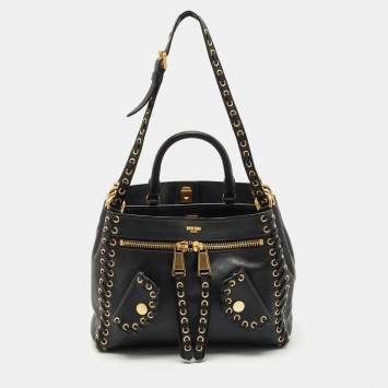 Moschino Black Leather Eyelet Pocket Tote