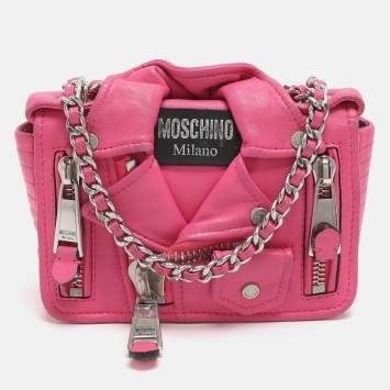 Pre Owned Moschino Capsule Biker Pink Leather Crossbody Bag