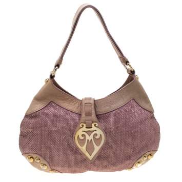 Pre Owned Moschino Pink/Beige Jute and Leather Hobo