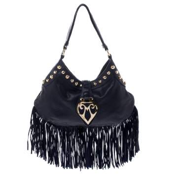 Pre Owned Moschino Navy Blue Leather Studded Fringe Hobo 