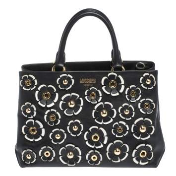 Pre Owned Moschino Black Floral Applique Leather Tote
