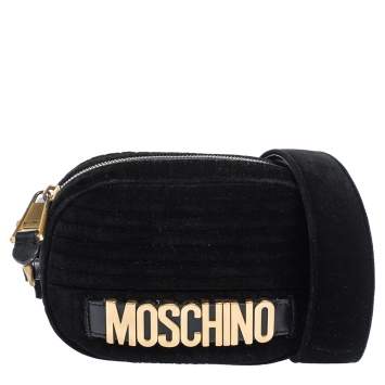 Pre Owned Moschino Black Chevron Velvet and Leather Logo Camera Crossbody Bag