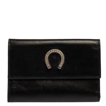 Pre Owned Moschino Black Leather Horseshoe Buckle Crystal Embellished Flap Compact Wallet