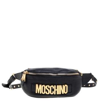 Pre Owned Moschino Black Pebbled Leather Logo Belt Bag