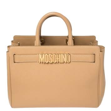 Pre Owned Moschino Beige Leather Logo Plaque Tote