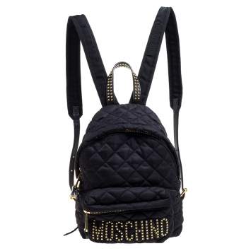 Pre Owned Moschino Black Nylon Quilted Logo Studded Backpack