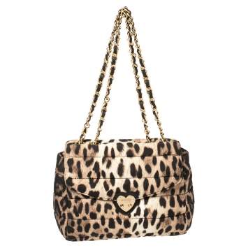 Pre Owned Moschino Brown Leopard Print Satin Flap Shoulder Bag