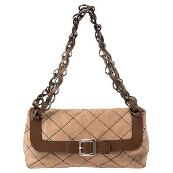 Pre Owned Moschino Beige/Brown Suede And Leather Buckle Flap Shoulder Bag