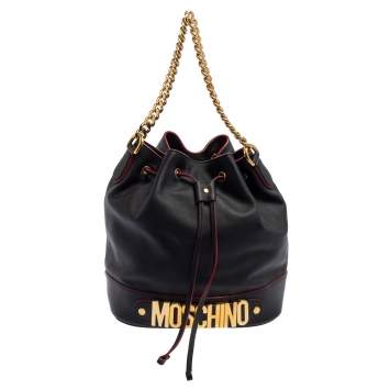 Pre Owned Moschino Black Leather Drawstring Bucket Bag