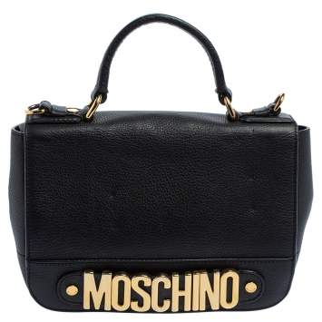 Pre Owned Moschino Black Leather Logo Flap Top Handle Bag