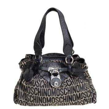 Pre Owned Moschino Black Monogram Leather and Canvas Lock Tote