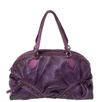 Pre Owned Moschino Purple Crinkled Patent Leather Double Zip Pocket Duffel Bag