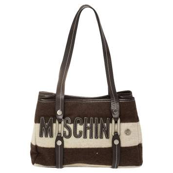 مملوكة مسبقًا Moschino Brown/White Wool And Leather Logo Tote