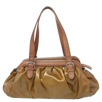 Pre Owned Moschino Metallic Gold/Brown Patent And Leather Satchel