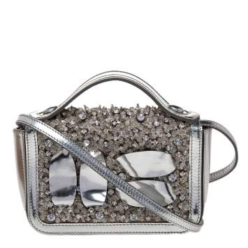 Pre Owned Moschino Silver Patent Leather Embellished Flap Top Handle Bag