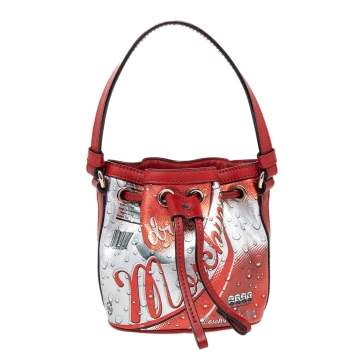 مملوكة مسبقًا Moschino Metallic Silver/Orange Leather Coca Cola Bucket Bag
