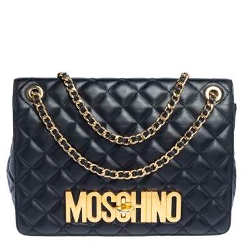 مملوكة مسبقًا Moschino Black Quilted Leather Logo Flap Shoulder Bag