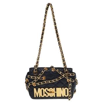 Pre Owned Moschino Black Quilted Leather Logo Flap Chained Shoulder Bag 