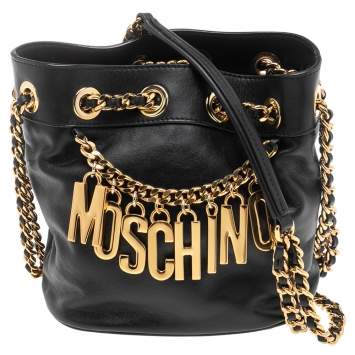 مملوكة مسبقًا Moschino Black Leather Logo Chain Bucket Bag