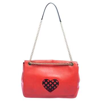Pre Owned Moschino Cheap and Chic Red Leather Heart Flap Shoulder Bag