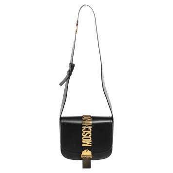Pre Owned Moschino Black Leather Logo Belt Strap Crossbody Bag