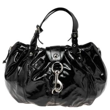 Pre Owned Moschino Black Pleated Patent Leather Flap Hobo