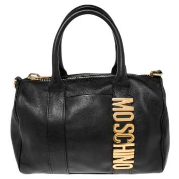 Pre Owned Moschino Black Leather Logo Boston Bag